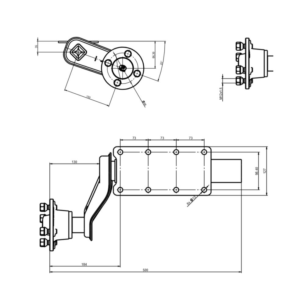 Pair of 750kg SPP Suspension Units - 4" PCD Drawing